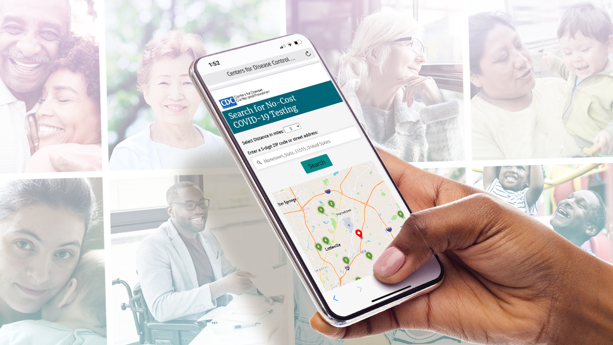 A person searches for no-cost COVID-19 testing on their phone over a montage of photos of different people